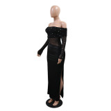 EVE Off Shoulder Long Sleeve Bead Split Maxi Dress CYA-902280