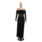 EVE Off Shoulder Long Sleeve Bead Split Maxi Dress CYA-902280