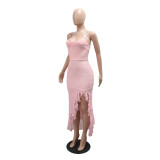 EVE Ruffles Solid Color Sling Split Midi Dress CYA-902297