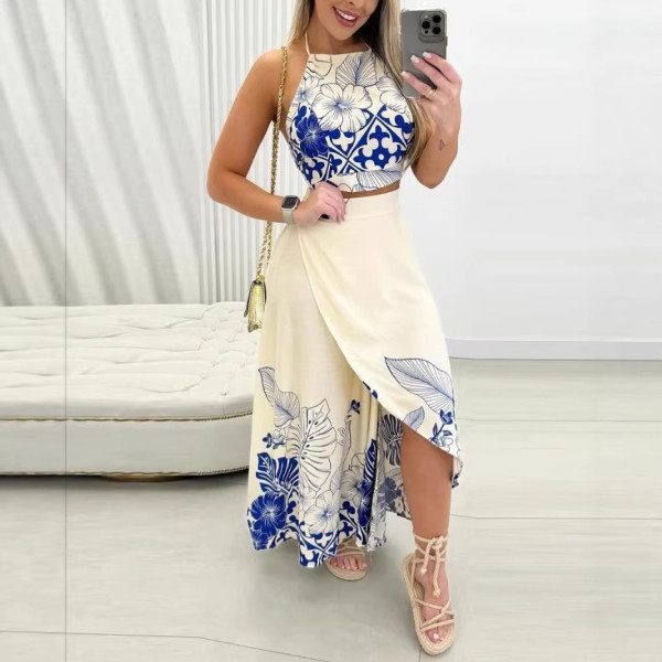 EVE Print Halterneck Backless Long Skirt 2 Piece Set SHD-9967