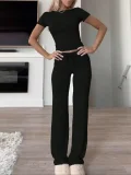 EVE Solid Color Short Sleeve Sports Two Piece Pants Set GYWO-55007