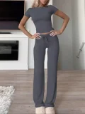 EVE Solid Color Short Sleeve Sports Two Piece Pants Set GYWO-55007