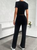 EVE Solid Color Short Sleeve Sports Two Piece Pants Set GYWO-55007