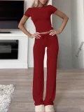 EVE Solid Color Short Sleeve Sports Two Piece Pants Set GYWO-55007