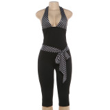 EVE V Neck Patchwork Halterneck Tie Up Seventh Jumpsuit GZJQ-K6Q05199A