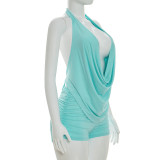 EVE Solid Color Backless Halterneck Two Piece Short Set MXBF-J26ST022