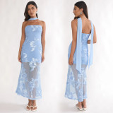 EVE Sexy Ribbon Print Backless Tube Top Maxi Dress BY-7671