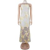 EVE Sexy Ribbon Print Backless Tube Top Maxi Dress BY-7671