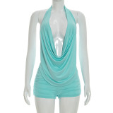 EVE Solid Color Backless Halterneck Two Piece Short Set MXBF-J26ST022