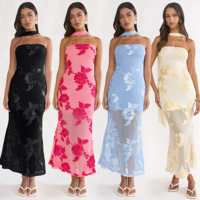EVE Sexy Ribbon Print Backless Tube Top Maxi Dress BY-7671