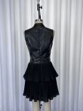 EVE Sleeveless PU Leather Patchwork Ruffles Mini Dress GWDS-260143