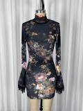 EVE Print Lace Patchwork Flare Sleeve MIni Dress GWDS-260116