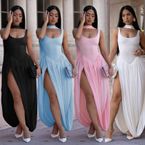EVE Solid Color Ribbon Sleeveless Split Maxi Dress BY-7659