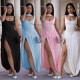 EVE Solid Color Ribbon Sleeveless Split Maxi Dress BY-7659