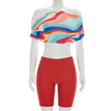 EVE Single Shoulder Colorful Print Two Piece Shorts Set MXBF-J26ST125