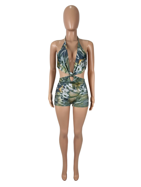 EVE Contrast Color Print Hollow Out Tie Up Romper SHD-9527