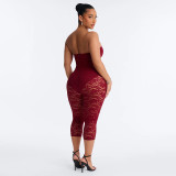 EVE Zipper See Through Lace Patchwork Seventh Jumpsuit MXBF-J26JP126