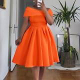 EVE Plus Size Off Shoulder Solid Color Big Swing Midi Dress GATE-622