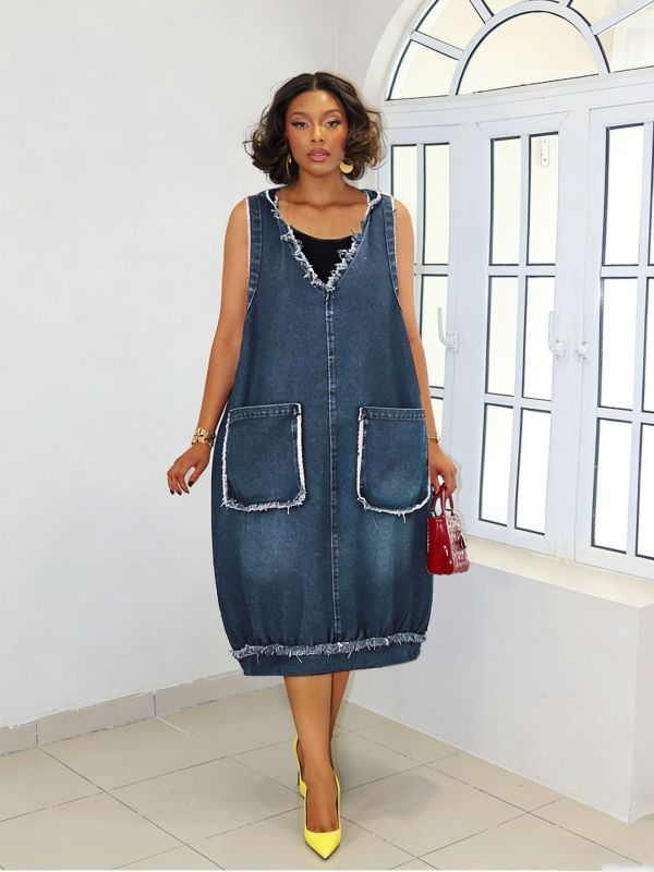 EVE Plus Size Loose Sleeveless Hooded Denim Dress GYLN-7162