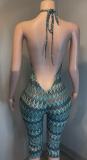 EVE Print Halterneck Backless Slim Seventh Jumpsuit YMEF-59055
