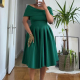 EVE Plus Size Off Shoulder Solid Color Big Swing Midi Dress GATE-622