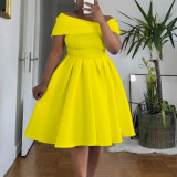 EVE Plus Size Off Shoulder Solid Color Big Swing Midi Dress GATE-622