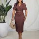EVE Plus Size V Neck Short Sleeve Midi Dress GATE-623