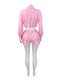 EVE Lapel Stripe Long Sleeve Shirt Short Two Piece Set CH-25028