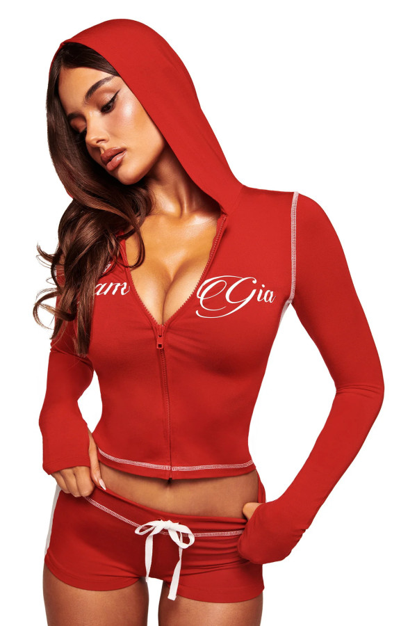 EVE Letter Print Zipper Hooded Tops Two Piece Short Set YWXS-K26L2128
