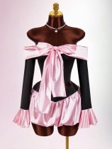 EVE Bow Flare Sleeve Patchwork Top And Skirt Set GXIY-K25L1908
