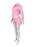 EVE Lapel Stripe Long Sleeve Shirt Short Two Piece Set CH-25028