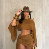 EVE Slash Neck Off Shoulder Tie Up Two Piece Skirts Set QYMF-A740