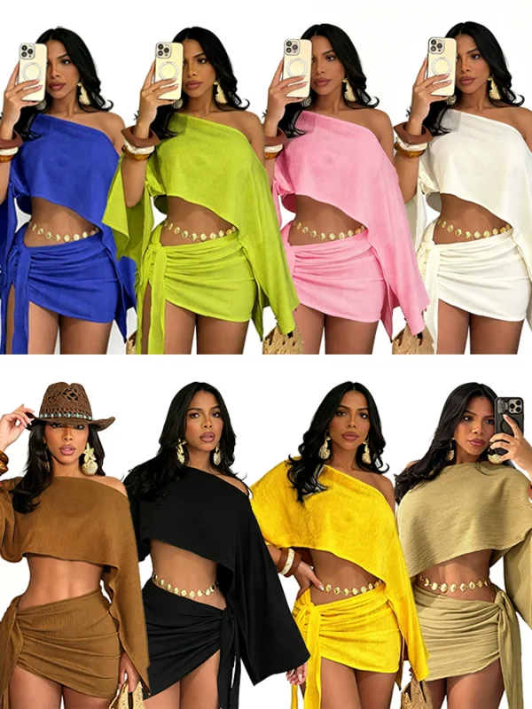 EVE Slash Neck Off Shoulder Tie Up Two Piece Skirts Set QYMF-A740