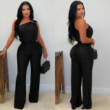 EVE Slash Shoulder Solid Color Loose Jumpsuit BY-7578