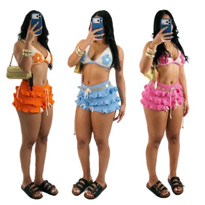 EVE Knits Ruffles Tie Up Beach Two Piece Shorts Set CM-60408