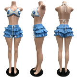 EVE Knits Ruffles Tie Up Beach Two Piece Shorts Set CM-60408