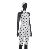 EVE Polka Dots Print Tie Up Backless Seventh Jumpsuit(With Headscarf) GDSF-D26JP095