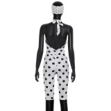 EVE Polka Dots Print Tie Up Backless Seventh Jumpsuit(With Headscarf) GDSF-D26JP095