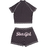 EVE Letter Print Short Sleeve Zipper Sport Shorts Suit DLSF-K6S05194A