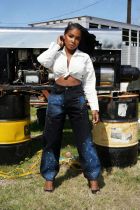 EVE Plus Size Starry Blue Graffiti Print Straight Jeans GYLN-0063