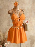 EVE Solid Color Sling Backless Tie Up Mini Dress GHYX-TXY5285