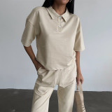 EVE Solid Color Short Sleeve Two Piece Pants Set SSNF-211480