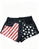 EVE Retro Flag-Print Patchwork Denim Shorts GQLF-7777