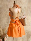 EVE Solid Color Sling Backless Tie Up Mini Dress GHYX-TXY5285