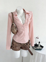 EVE Solid Color V Neck Long Sleeve Shirt GYXN-73913