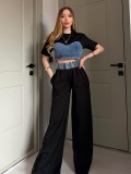 EVE Denim Patchwork Short Sleeve Two Piece Pants Set YRST-T26-33