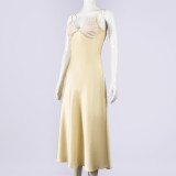 EVE Solid Color Sling Patchwork Satin Maxi Dress GFRT-32708DBY