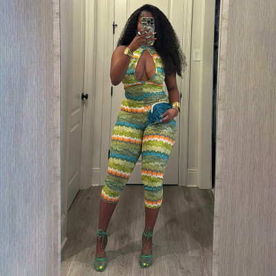 EVE Colorful Print Halterneck Backless Seventh Jumpsuit GDSF-J26JP123