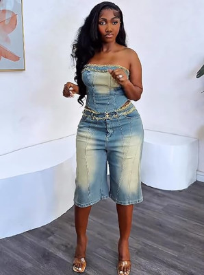 EVE Fashion Denim Wrap Chest Tops Short Suit YRST-723