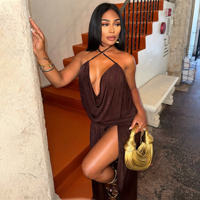 EVE Solid Color Deep V Neck Sling Backless Maxi Dress GJYO-JD305206